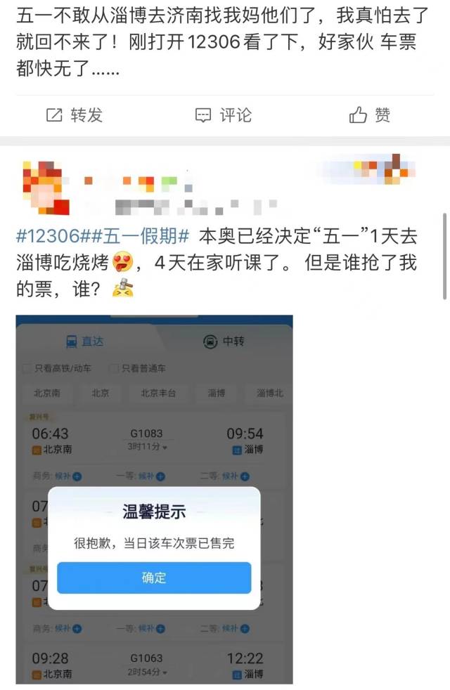 网友评论“在12306上抢不到去淄博的高铁票”