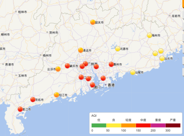 截至14日8时,广东21地市空气质量情况。 截至14日8时,广东21地市空气质量情况。