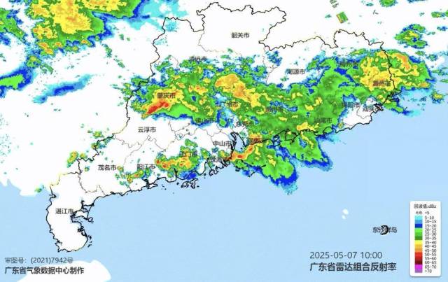 广东5月7日天气雷达图。